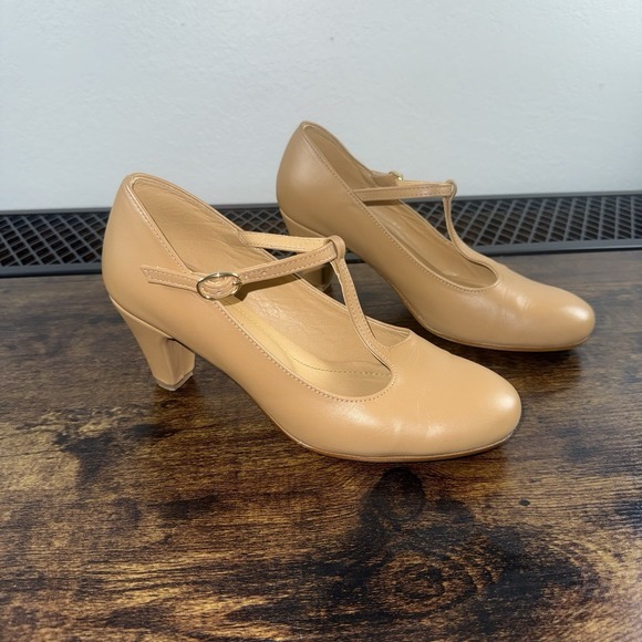 MIUMMASH Shoes - MIUMMASH Women's Tan 3" Leather Heel T Strap Size 37 Hard Sole Rubber Bottom